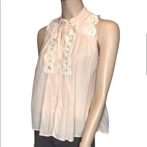 Free People Peach Lace Button Up Sleeveless Blouse